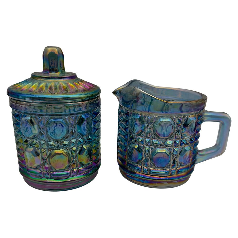 Vintage Indiana Glass Carnival Iridescent Blue 3-Piece Creamer & Sugar Bowl